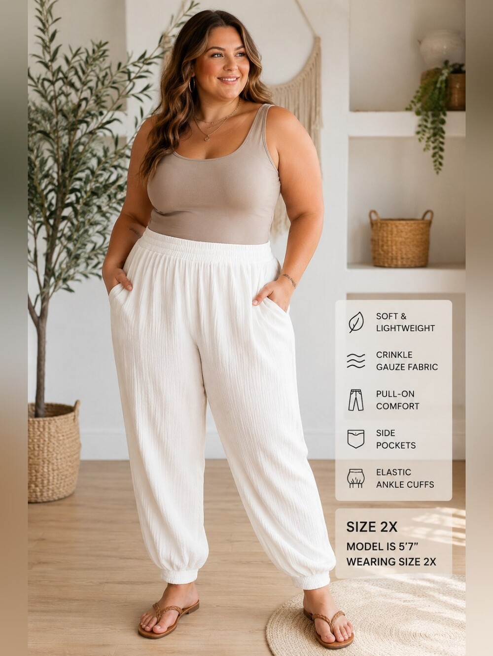 Curations Women’s 2X White Crinkle Gauze Jogger Pants Pull On Boho Beach Lounge